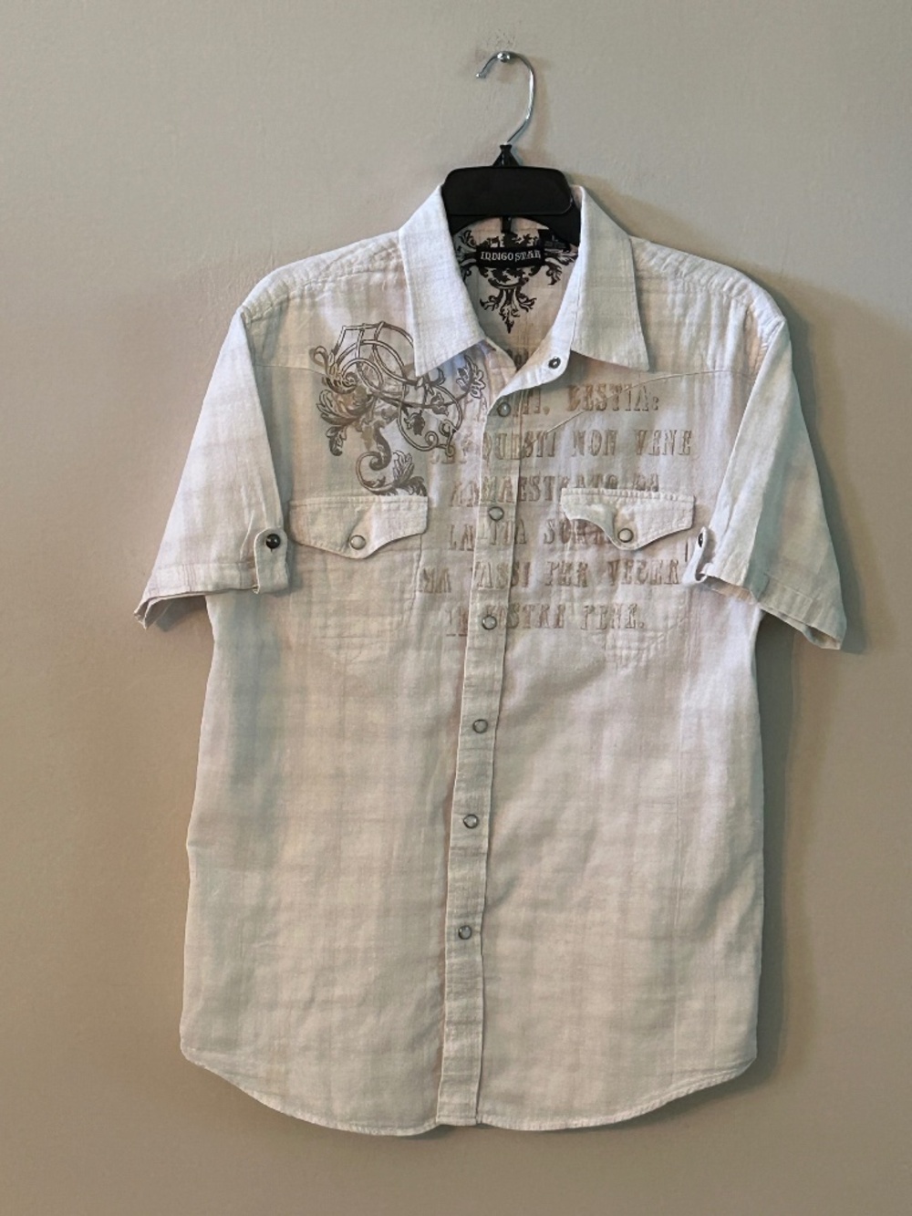 Vintage Y2K Indigo Star Graphic Pearl Snap Shirt Cream Grunge Mall Goth Skater L